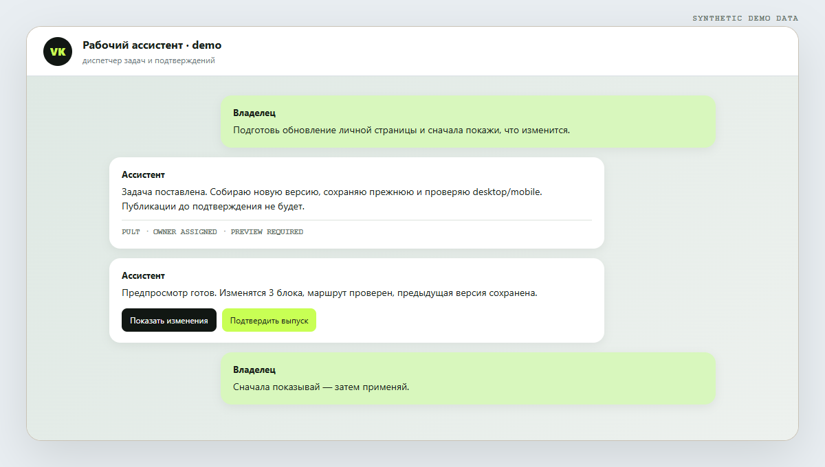 Обезличенный демонстрационный экран связки Pult с Telegram-ассистентом